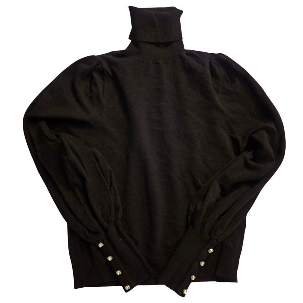 Mango Turtleneck Sweater Black Puff Sleeve Rhinestone Buttons Knit Top XS
